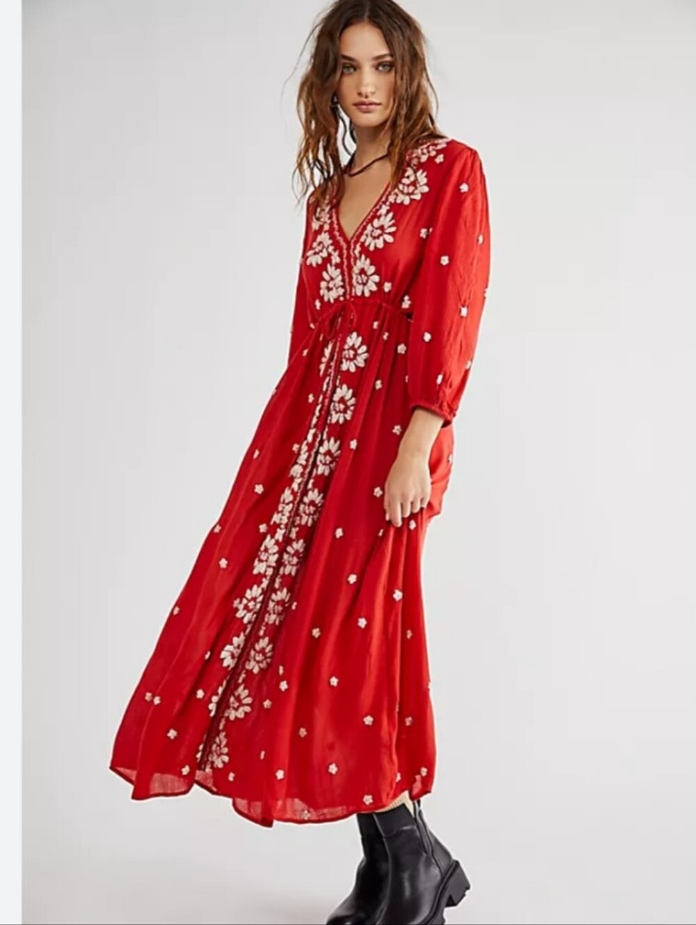 Free People Red Floral Embroidered V-Neck Maxi Dress